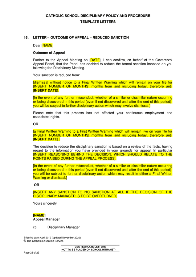 Catholic school disciplinary policy and procedure template letters in