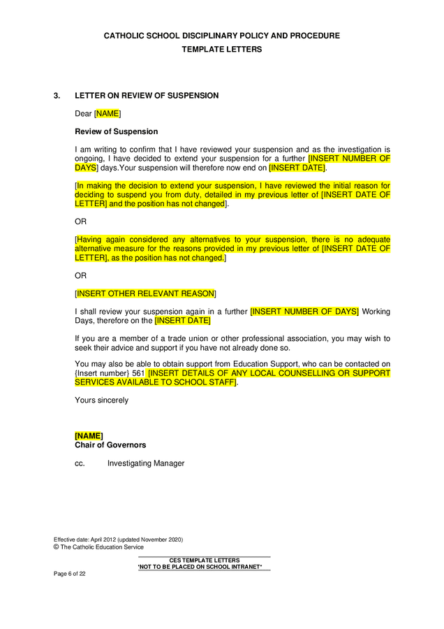 Catholic school disciplinary policy and procedure template letters in Catholic school disciplinary policy and procedure template letters in