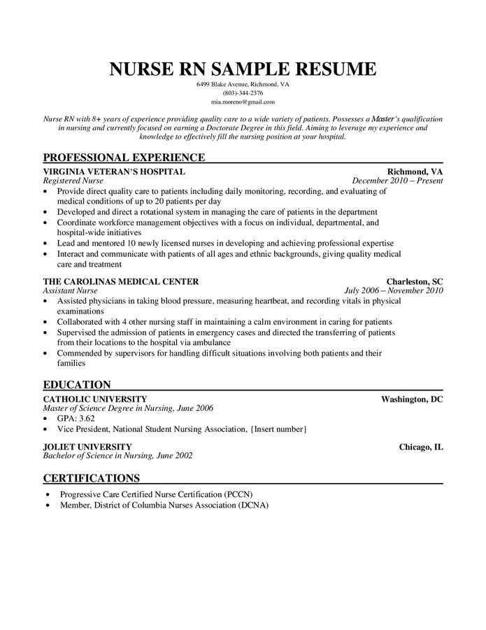 Nurse RN sample resume in Word and Pdf formats