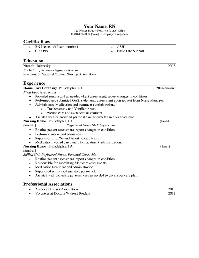 RN sample resume in Word and Pdf formats