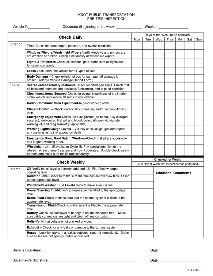 Sample Pre trip Inspection Form In Word And Pdf Formats