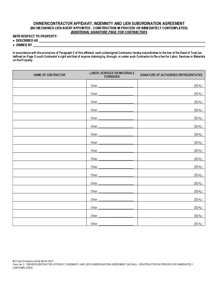 Sample Owner Contractor Affidavit, Indemnity And Lien Subordination 