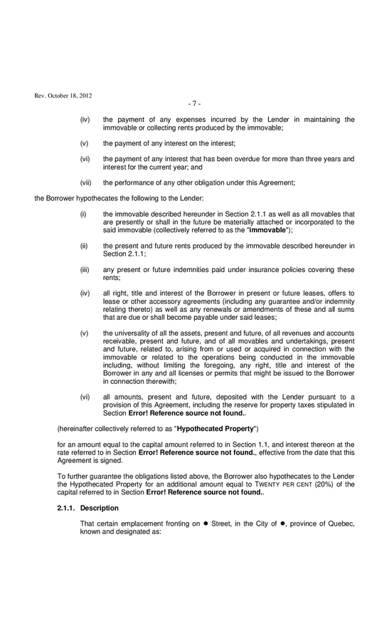 Loan agreement and immovable / movable hypothecs (Canada, Quebec) in ...