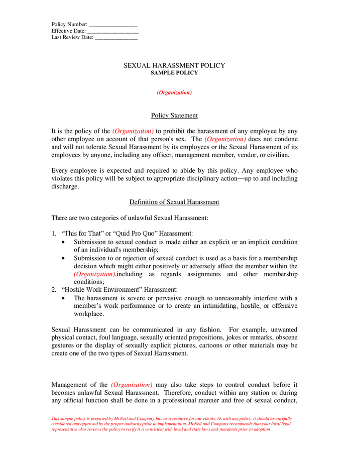 Sexual Harassment Sample Policy In Word And Pdf Formats Page 2 Of 11 