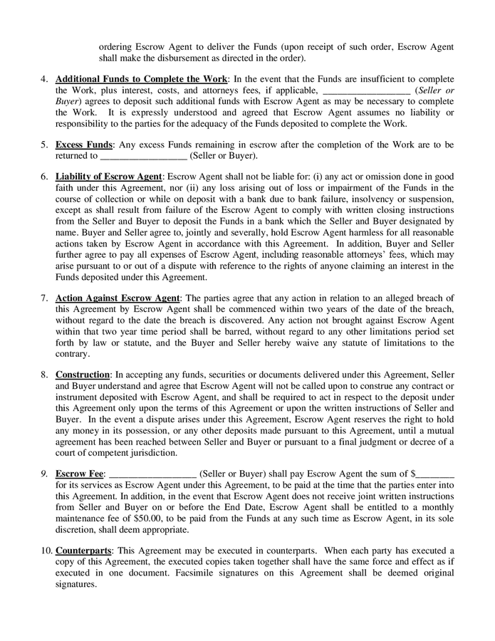 Post closing escrow agreement in Word and Pdf formats - page 2 of 5