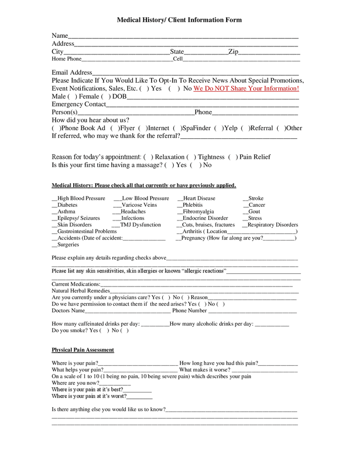 Medical History Form - Spa In Word And Pdf Formats