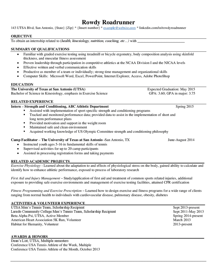 Kinesiology resume sample in Word and Pdf formats