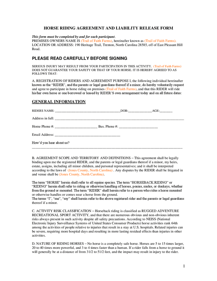 Horse Riding Agreement And Liability Release Form In Word And Pdf Formats