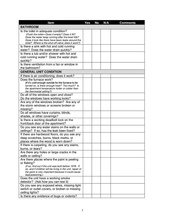 Move-in inspection form in Word and Pdf formats - page 2 of 3