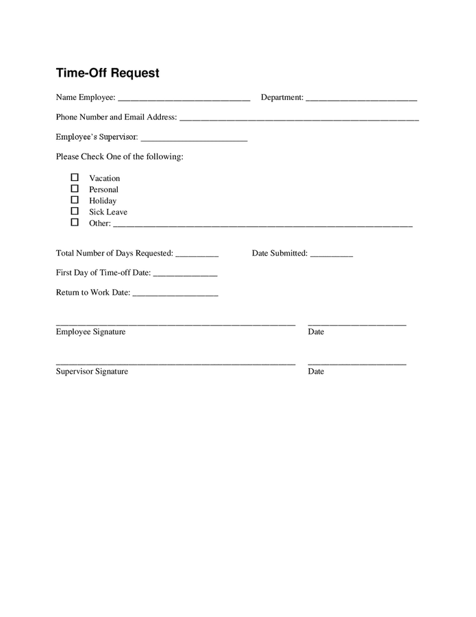 Time-off request form in Word and Pdf formats