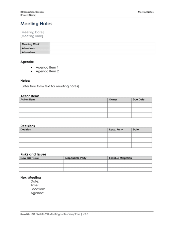 Lite Project Meeting Notes Template in Word and Pdf formats page 2 of 2