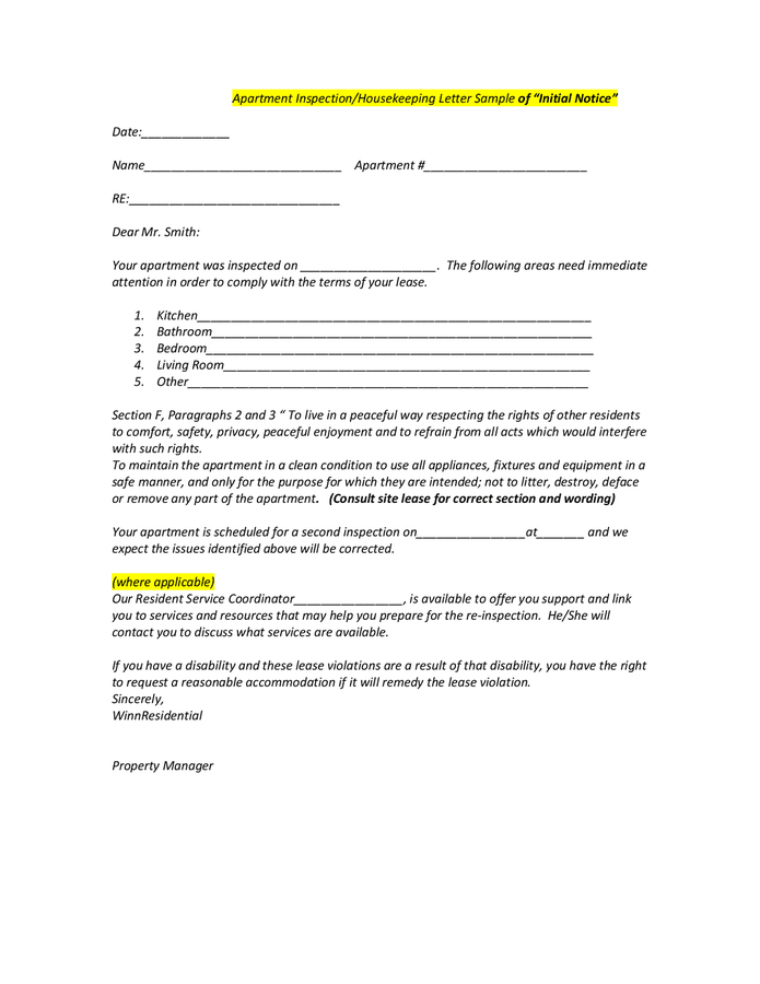 Apartment Inspection Housekeeping Letter Sample Of Initial Notice In   Apartment Inspection Housekeeping Letter Sample Of Initial Notice 1 