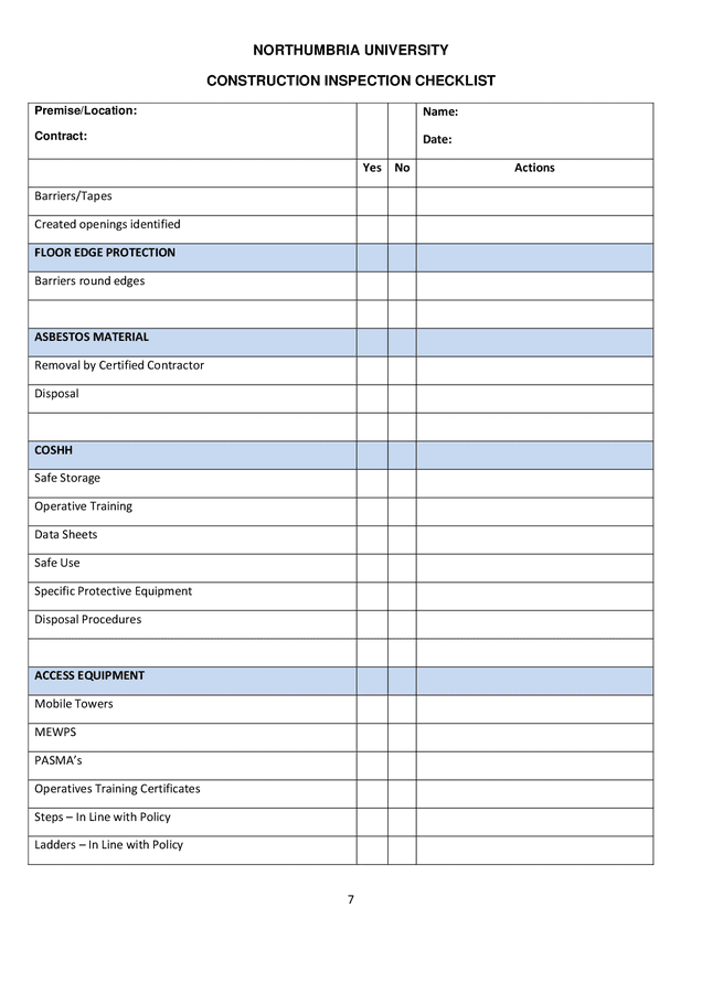 Construction inspection checklist sample in Word and Pdf formats - page ...