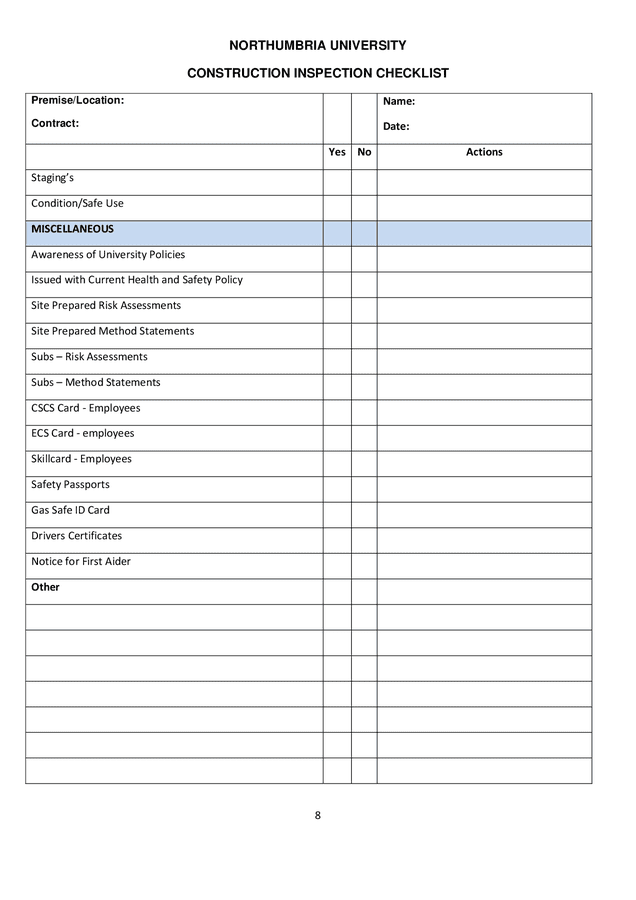 Construction inspection checklist sample in Word and Pdf formats page