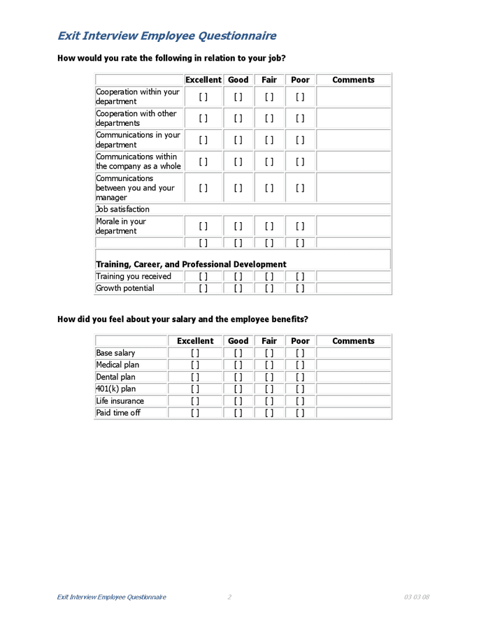 Exit interview employee questionnaire in Word and Pdf formats - page 2 of 4