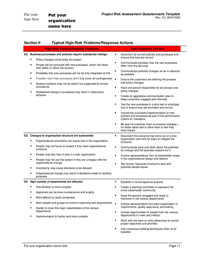 Project risk assessment questionnaire in Word and Pdf formats - page 11 ...