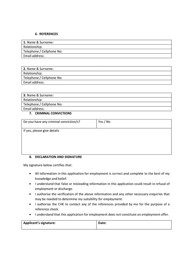 Job application form (South Africa) in Word and Pdf formats - page 3 of 3