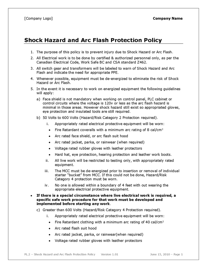 Shock hazard and arc flash protection policy template in Word and Pdf