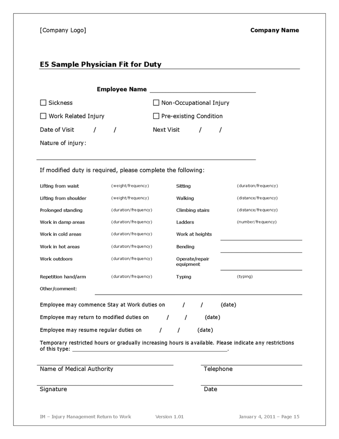 Injury management stay / return to work template in Word and Pdf ...
