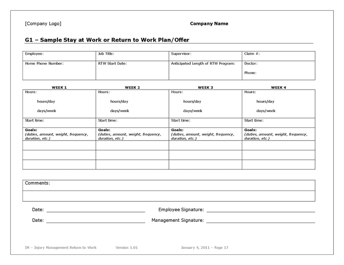 Injury management stay / return to work template in Word and Pdf ...