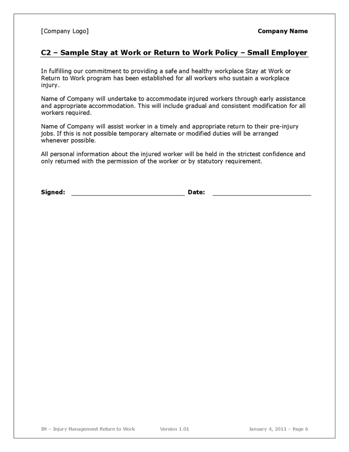Injury management stay return to work template in word and pdf