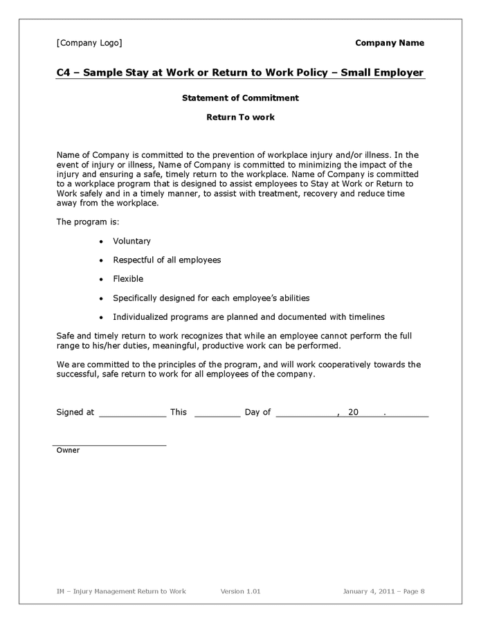 Injury management stay / return to work template in Word and Pdf ...