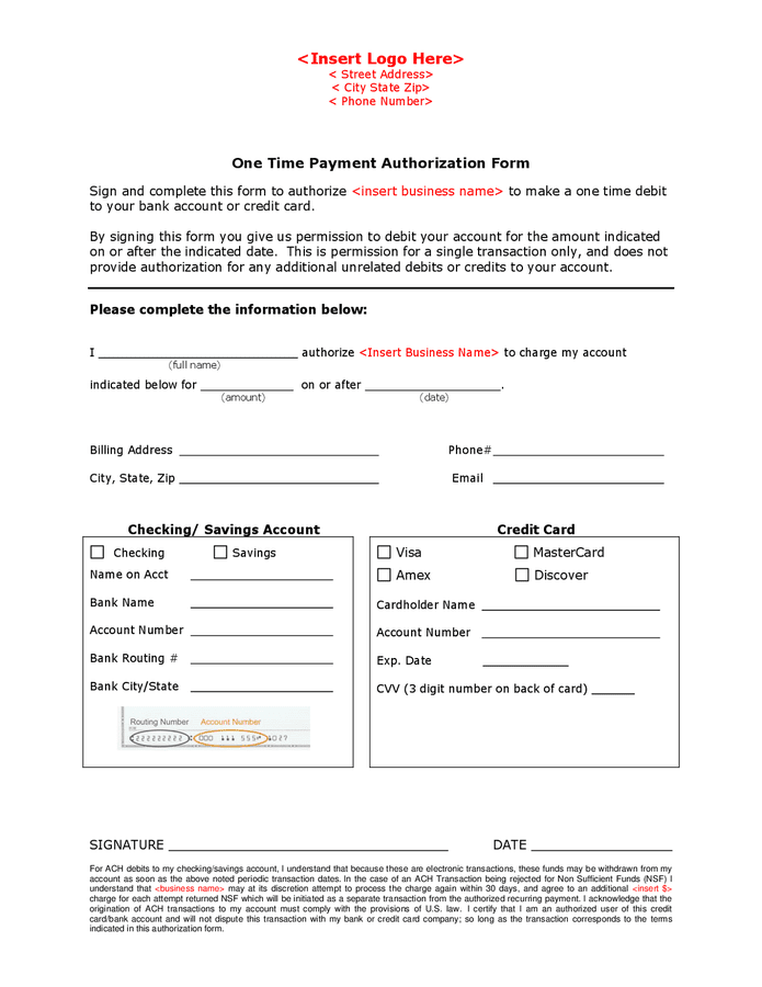 One Time Payment Authorization Form In Word And Pdf Formats 4337
