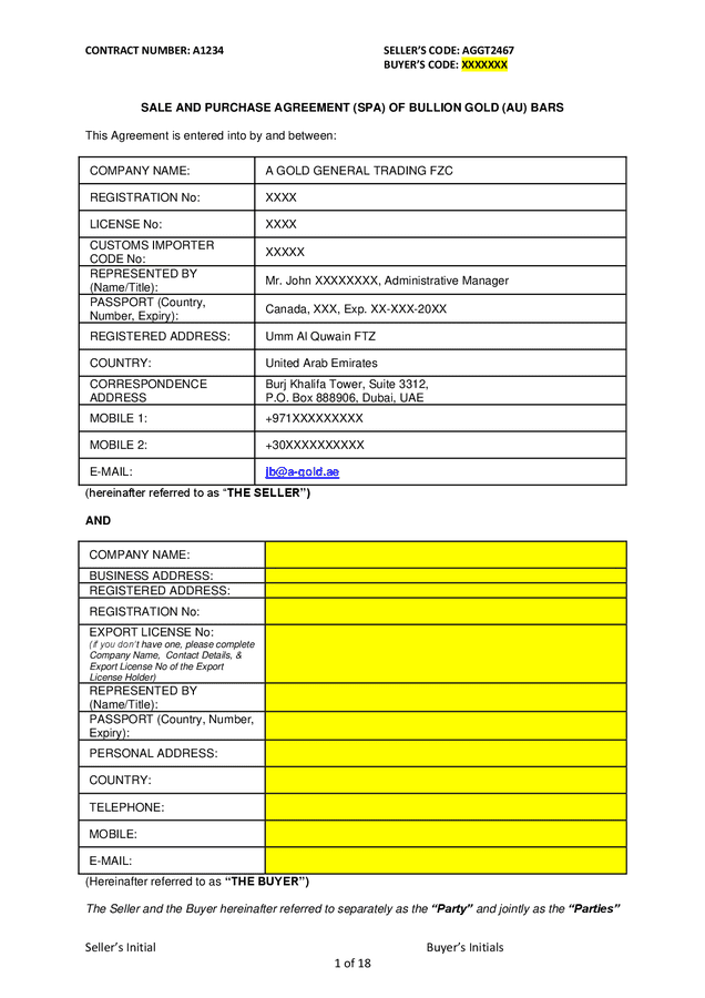 Sale and purchase agreement of bullion gold bars template in Word and Pdf formats