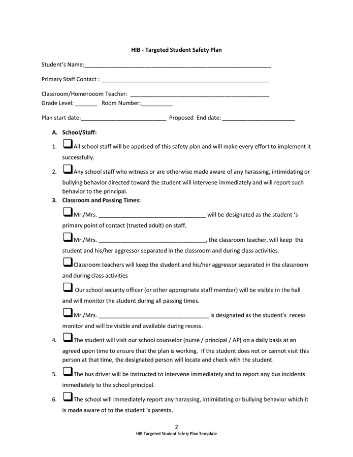 Targeted student safety plan template in Word and Pdf formats page 2 of 4