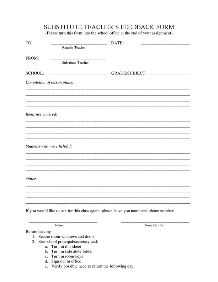 Substitute Teacher s Feedback Form In Word And Pdf Formats