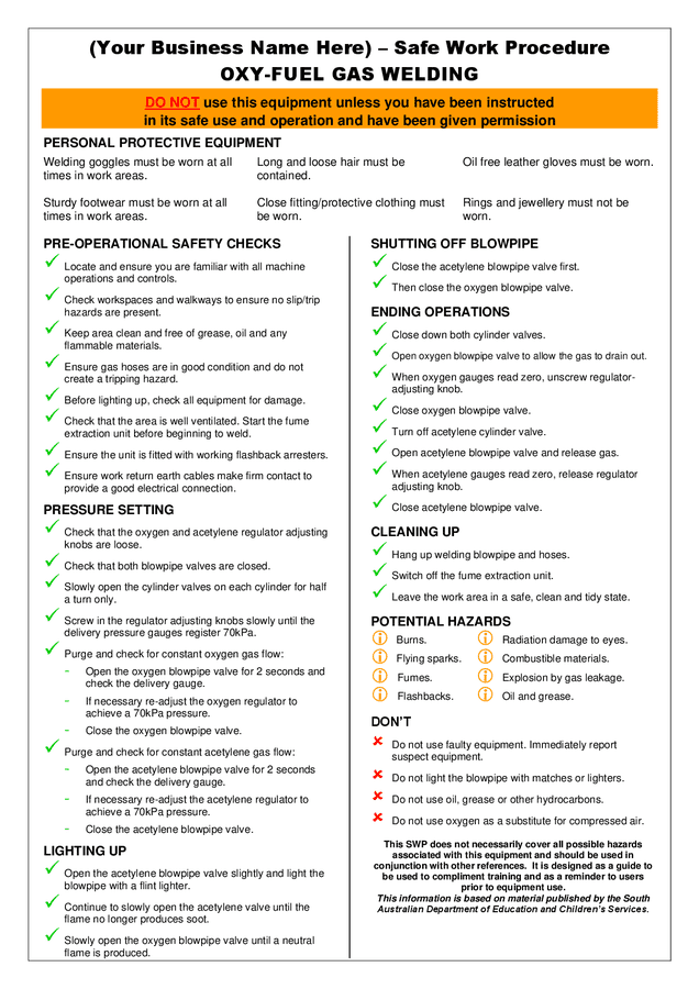 Safe work procedure oxyfuel gas welding in Word and Pdf formats