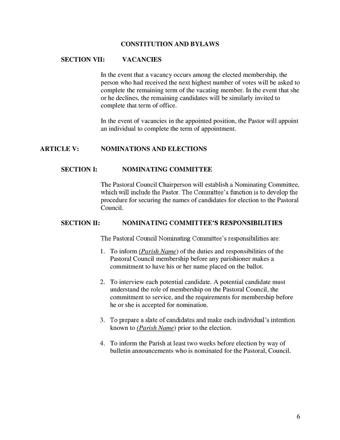 Constitution and bylaws sample catholic church in Word and Pdf