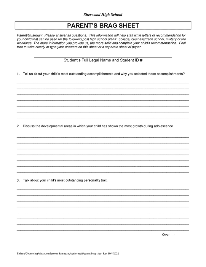 School parent's brag sheet template in Word and Pdf formats