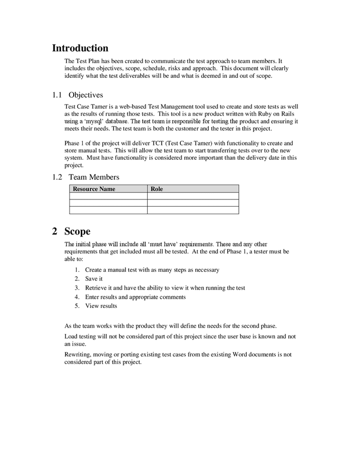 Test plan example in Word and Pdf formats - page 3 of 5