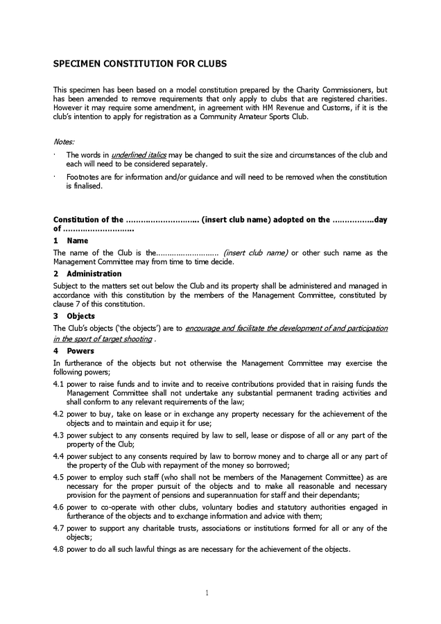 Specimen constitution for clubs in Word and Pdf formats