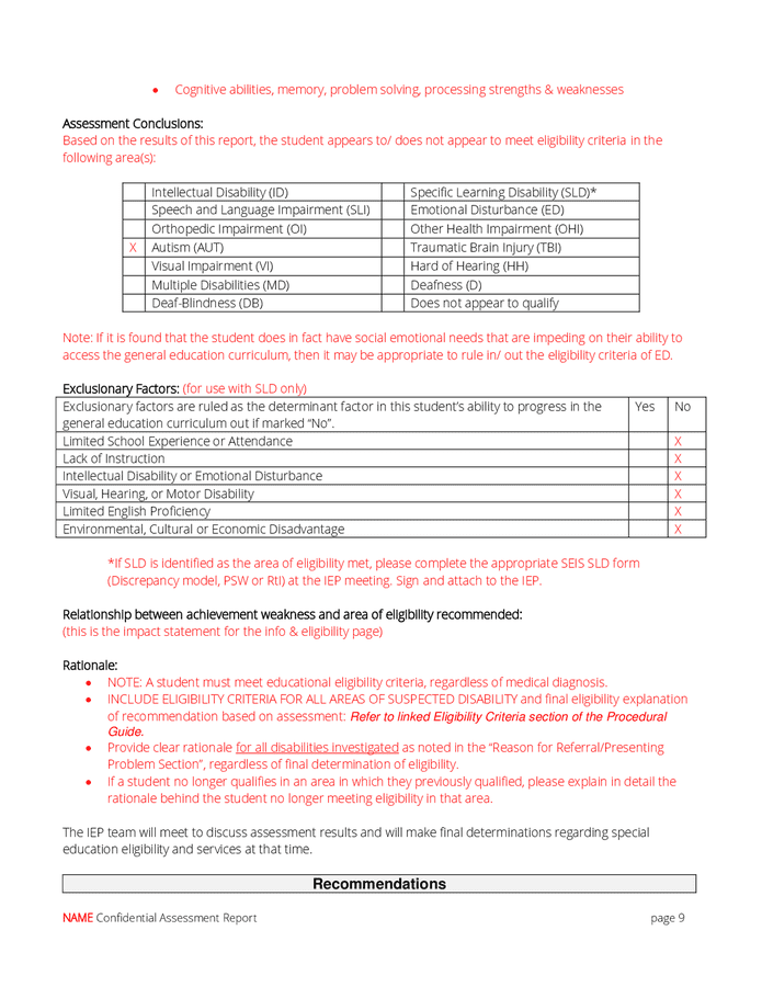 School psychoeducational assessment report in Word and Pdf formats ...