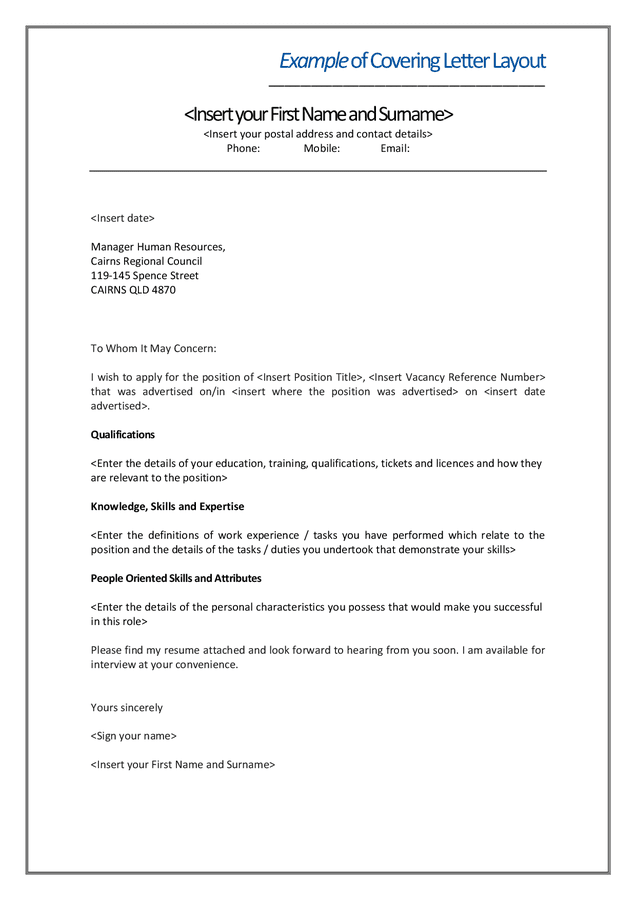 Example of covering letter (Australia) in Word and Pdf formats