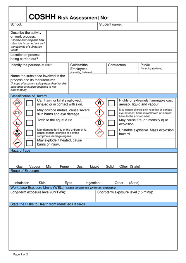 Coshh Risk Assessment Template Coshh Risk Assessment Israel Lupon Gov Ph