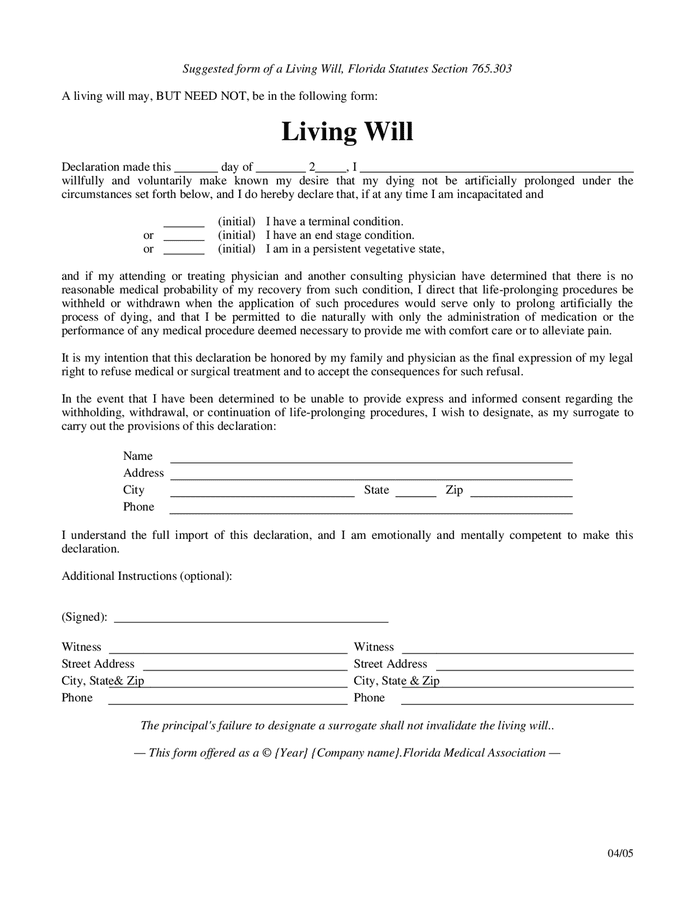 Living Will Florida In Word And Pdf Formats   Living Will Florida 1 