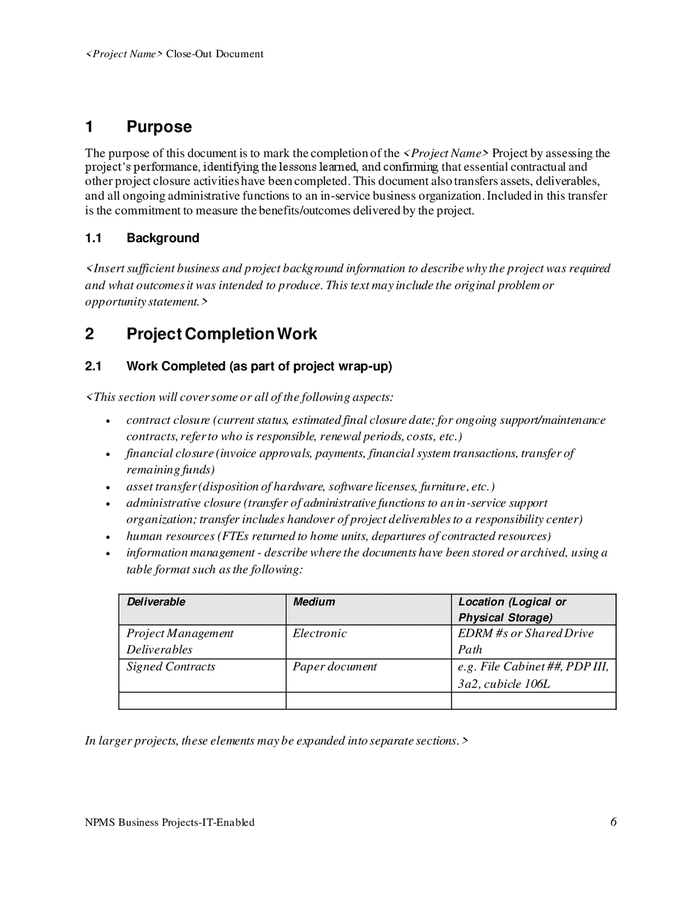 Project close-out document template in Word and Pdf formats - page 6 of 12