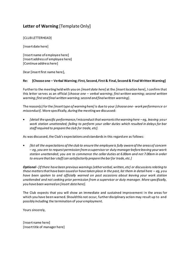 Official warning letter in Word and Pdf formats