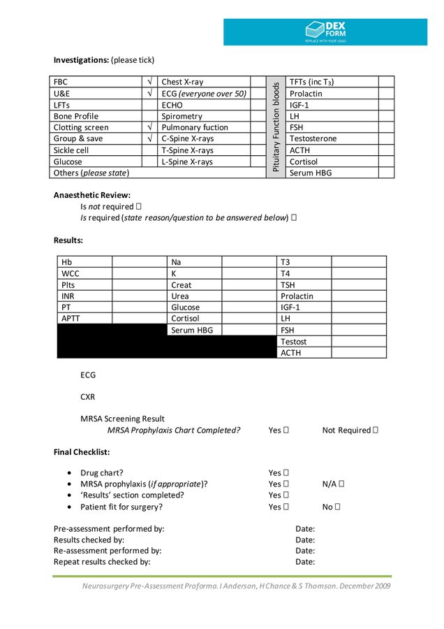 Neurosurgery pre-assessment clinic proforma in Word and Pdf formats ...