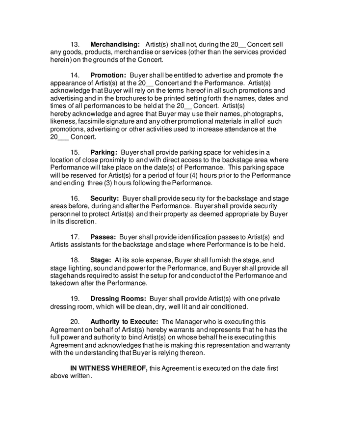Concert performance agreement template in Word and Pdf formats page 3 Concert performance agreement template in Word and Pdf formats page 3