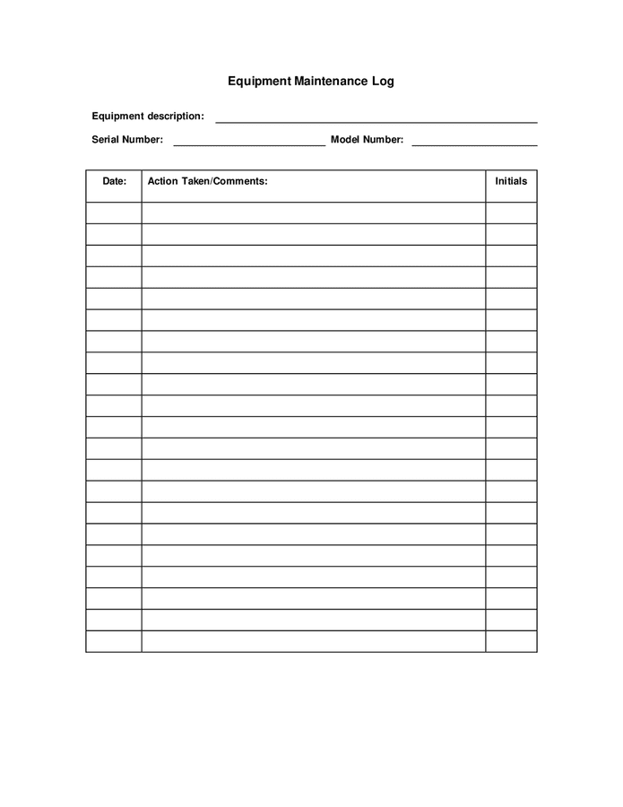 Equipment Maintenance Log In Word And Pdf Formats