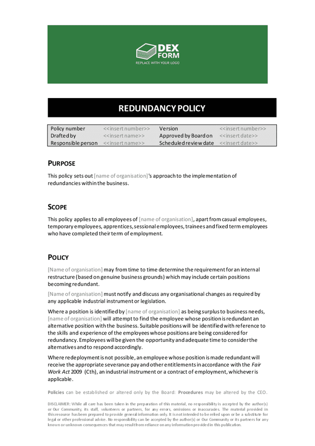 Redundancy policy in Word and Pdf formats