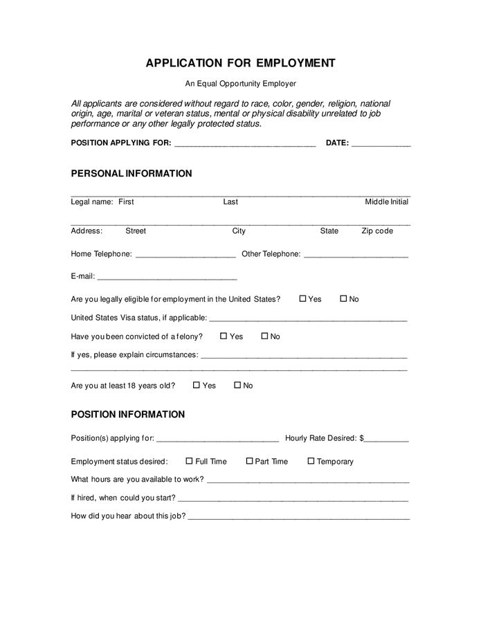 Employment application form in Word and Pdf formats