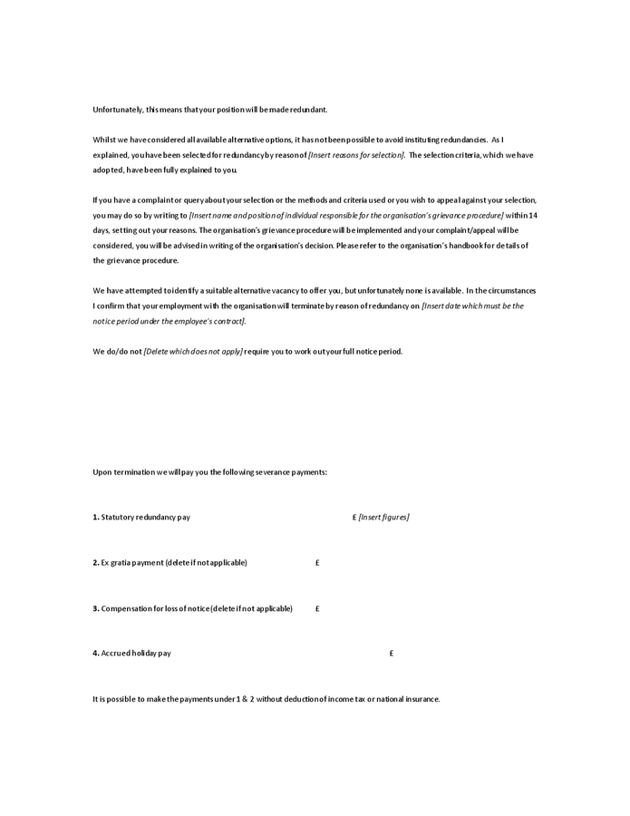 Redundancy termination notice letter in Word and Pdf formats - page 2 of 4