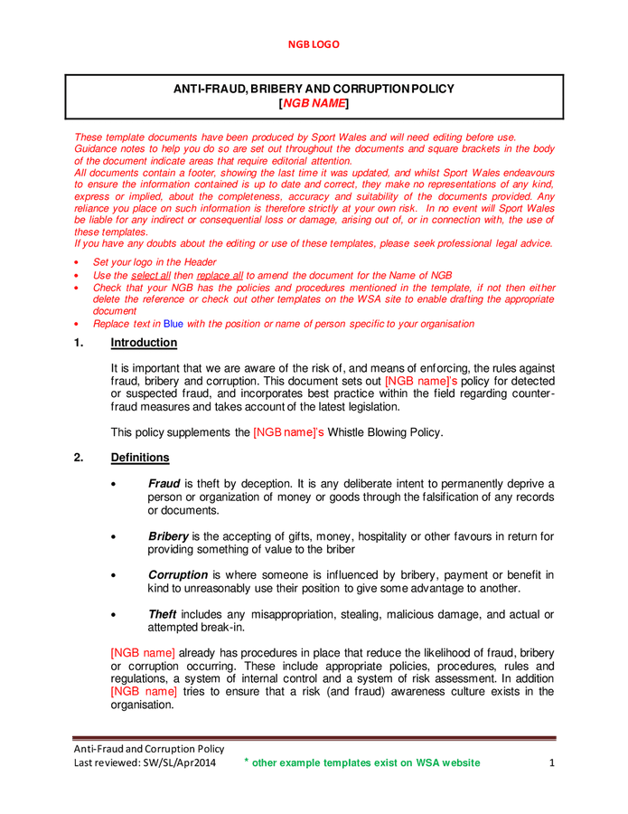 Anti fraud Bribery And Corruption Policy In Word And Pdf Formats