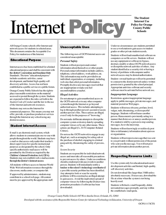 Student internet use policy (school) in Word and Pdf formats