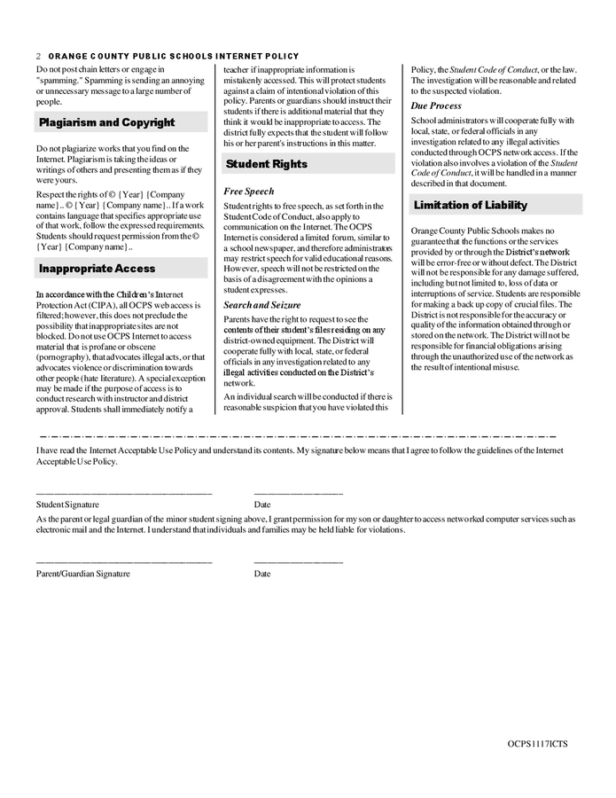 Student internet use policy (school) in Word and Pdf formats - page 2 of 2